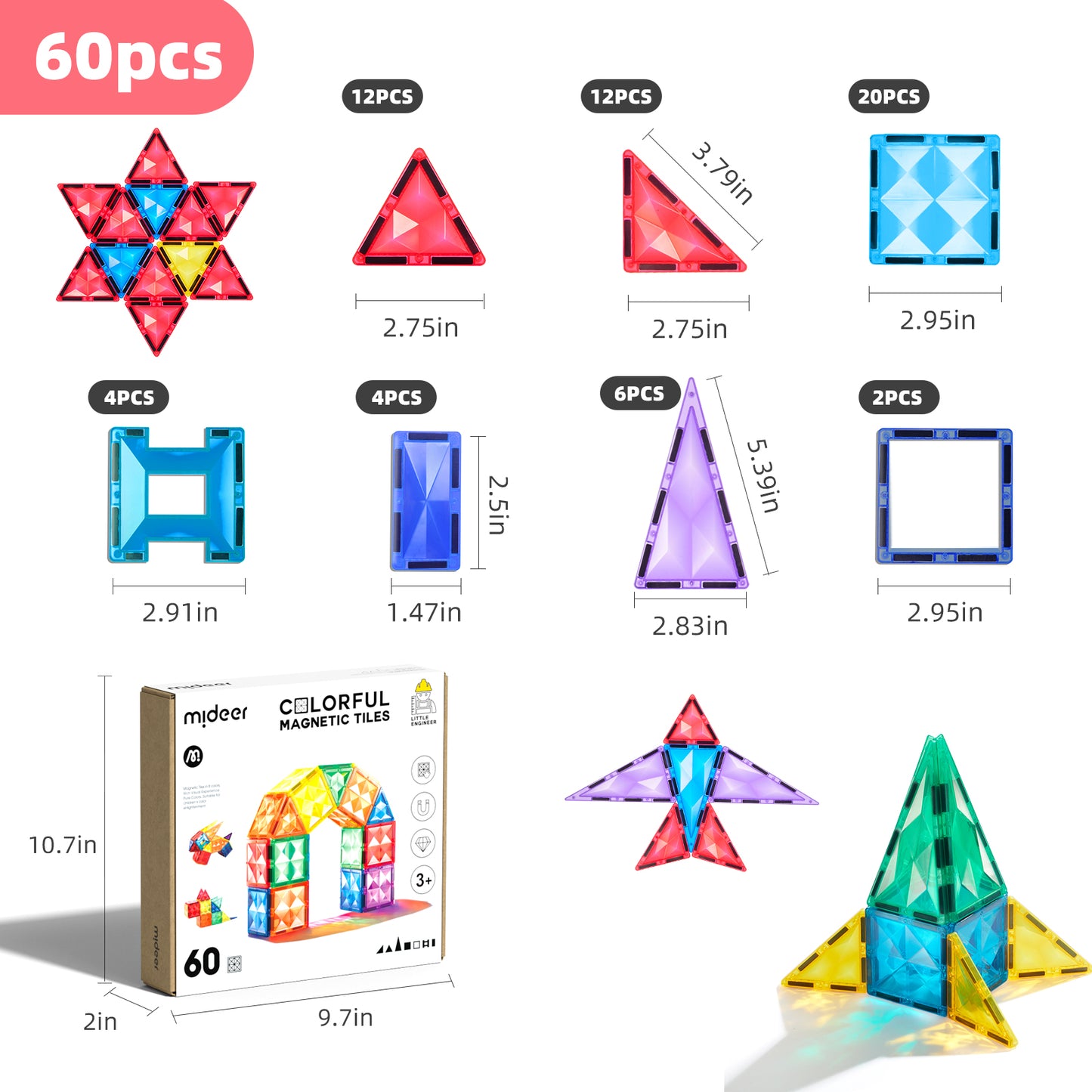 Colourful Magnetic Tiles - 60 pcs