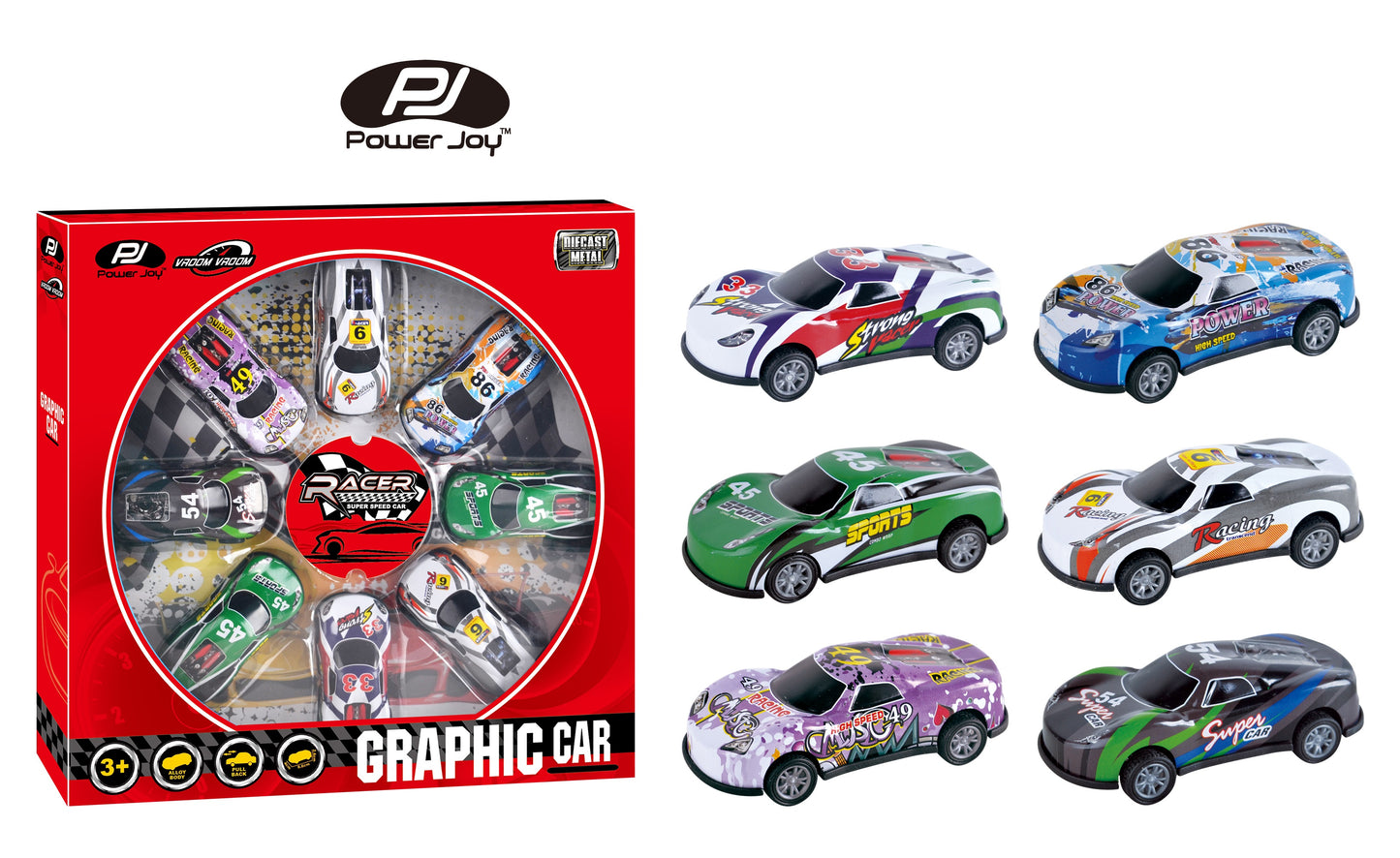 Power Joy V. Vroom Pullback Graphic Car 8 pieces