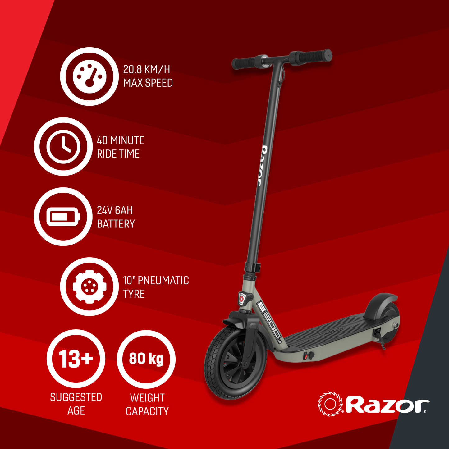 Razor E-Scooter E200Hd رمادي 13 ميل في الساعة 24 فولت 12+