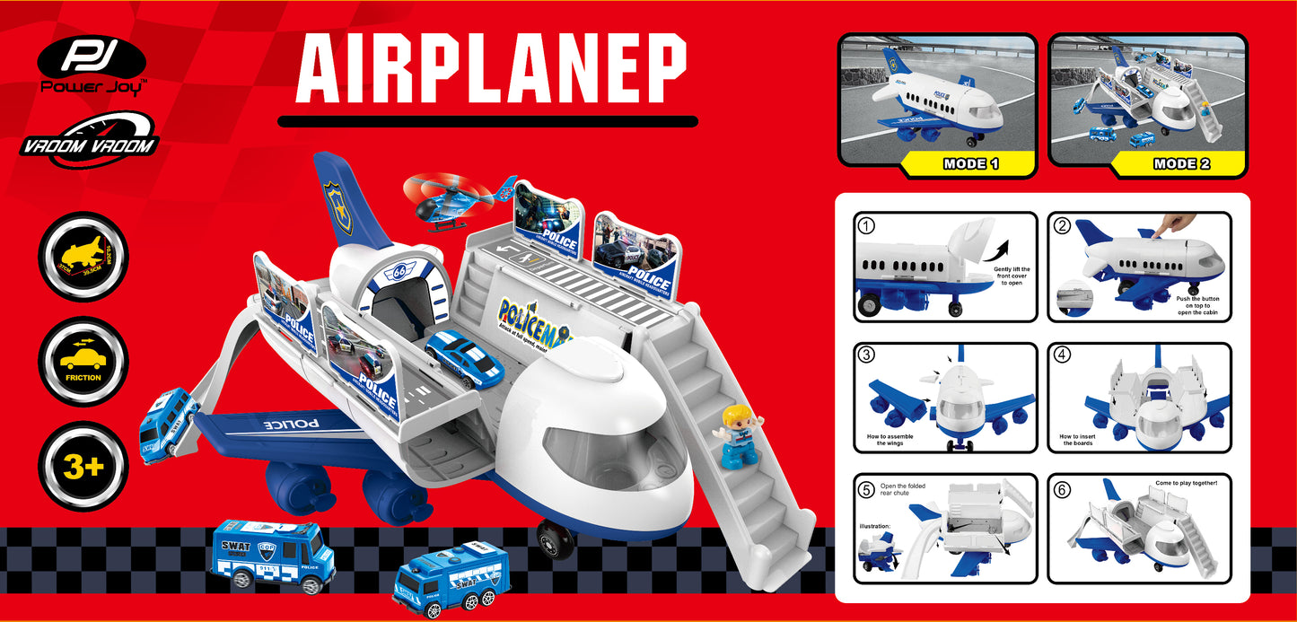 Power Joy Vroom Vroom Airplane Playset With 5 Cars + 1 Police Figure