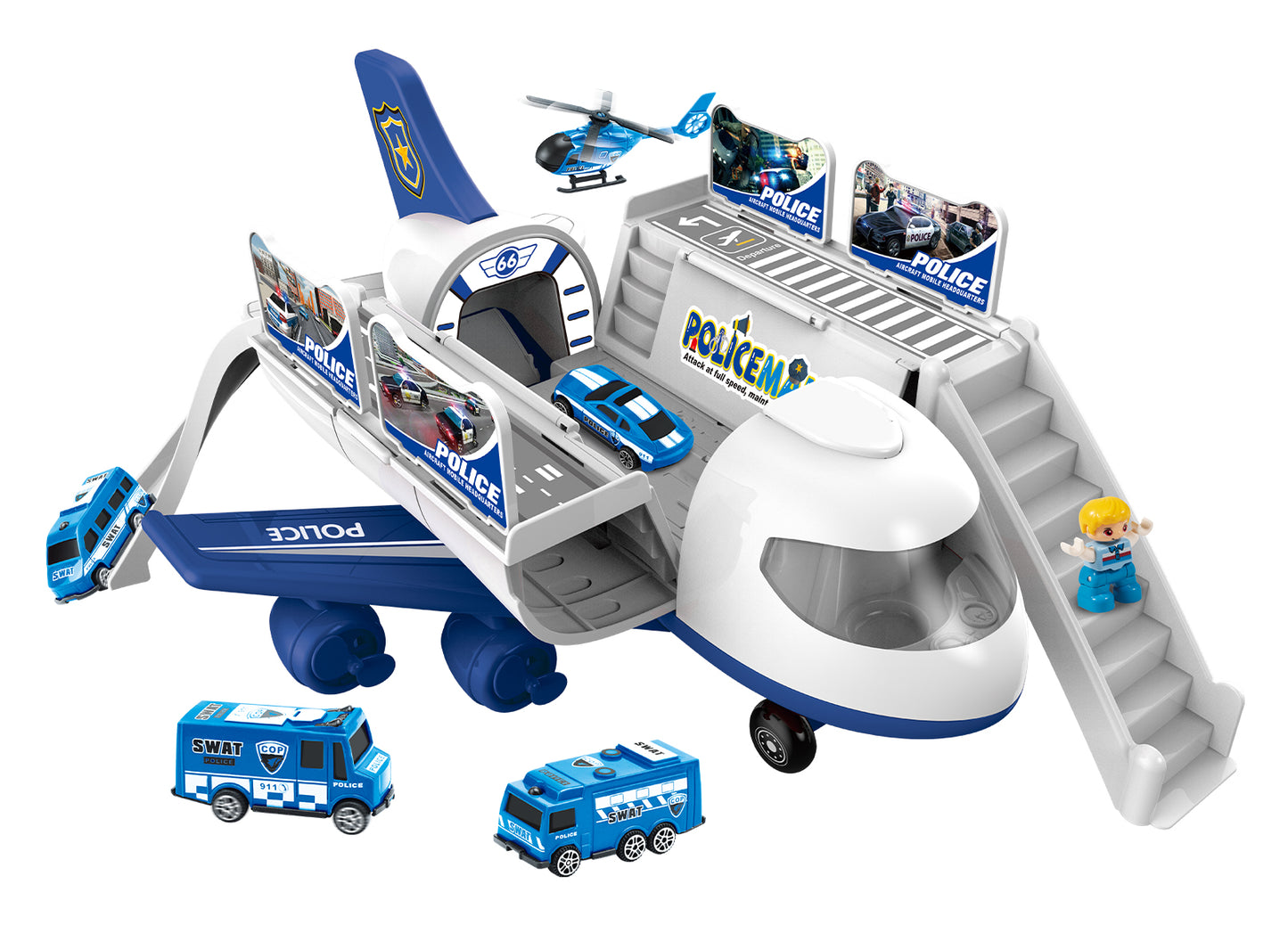 Power Joy Vroom Vroom Airplane Playset With 5 Cars + 1 Police Figure