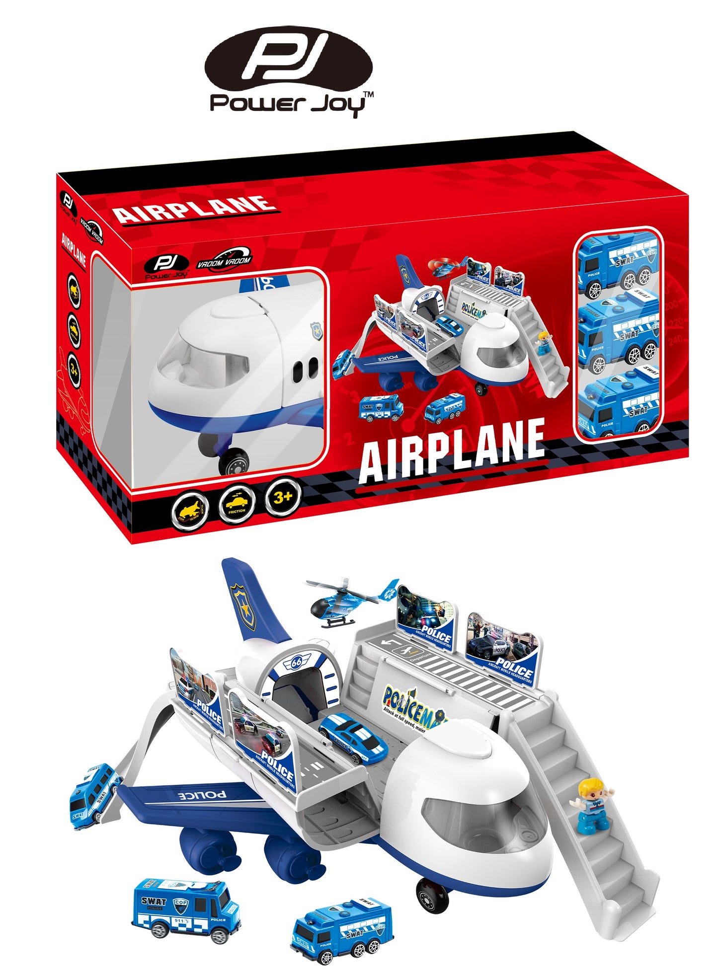 Power Joy Vroom Vroom Airplane Playset With 5 Cars + 1 Police Figure