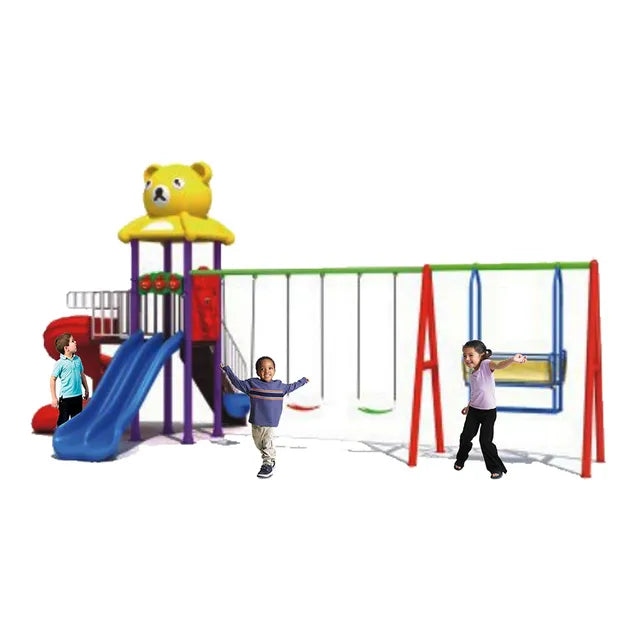 Myts Ultimate Teddy Top Playground: Curvy Slide with Dual Swing for Kids